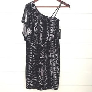 NWT Black & Grey Animal Print One Shoulder Dress